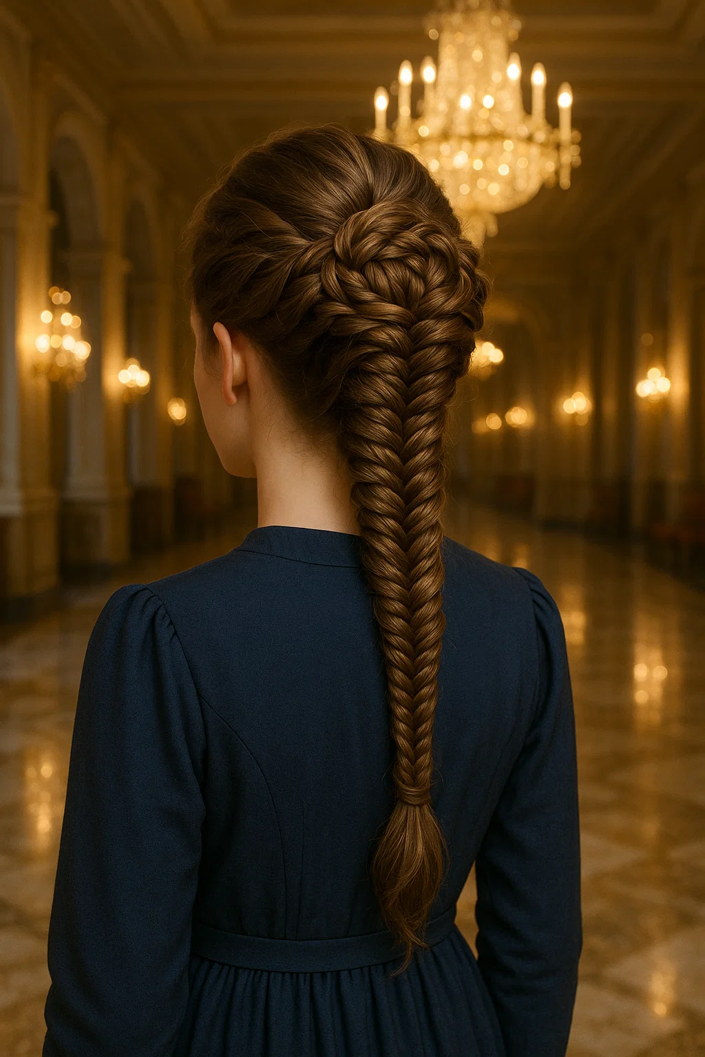 Intricate fishtail braid updo for prom, with a braided design forming the base of an elegant updo.