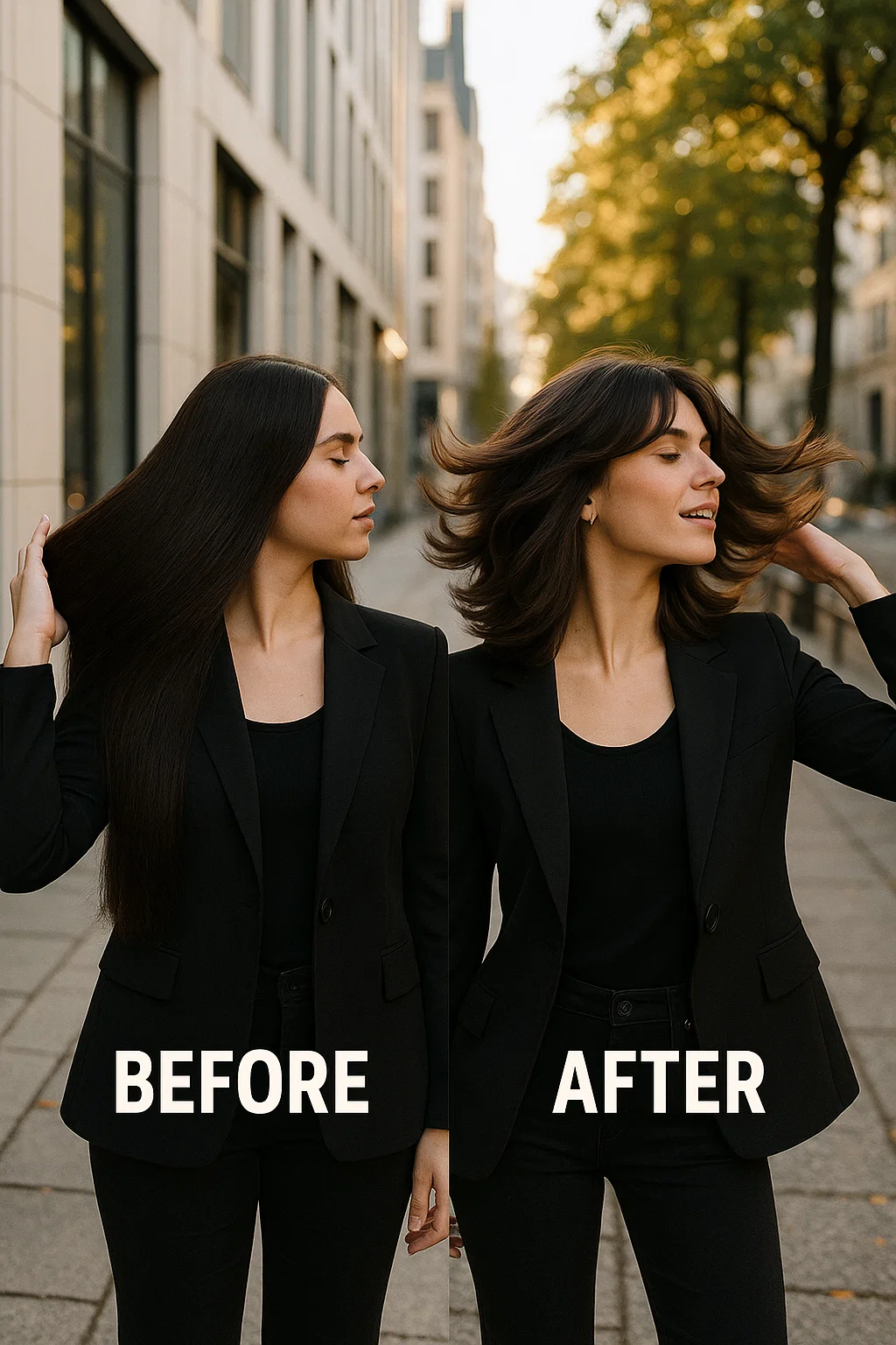 Left side shows thick hair without layers