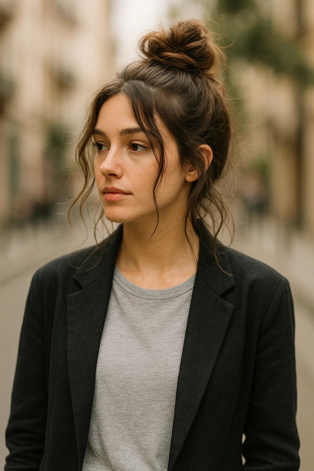 Loose top knot with soft tendrils and medium hair