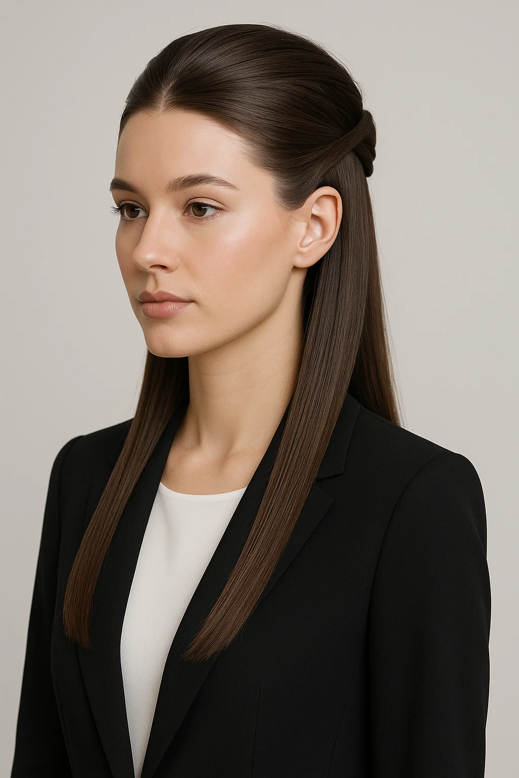 Minimalist half-up twist style with sleek straight hair