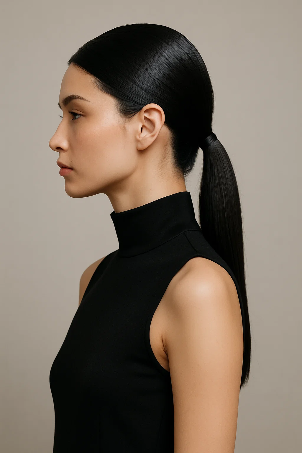 Model with shiny straight medium-length black