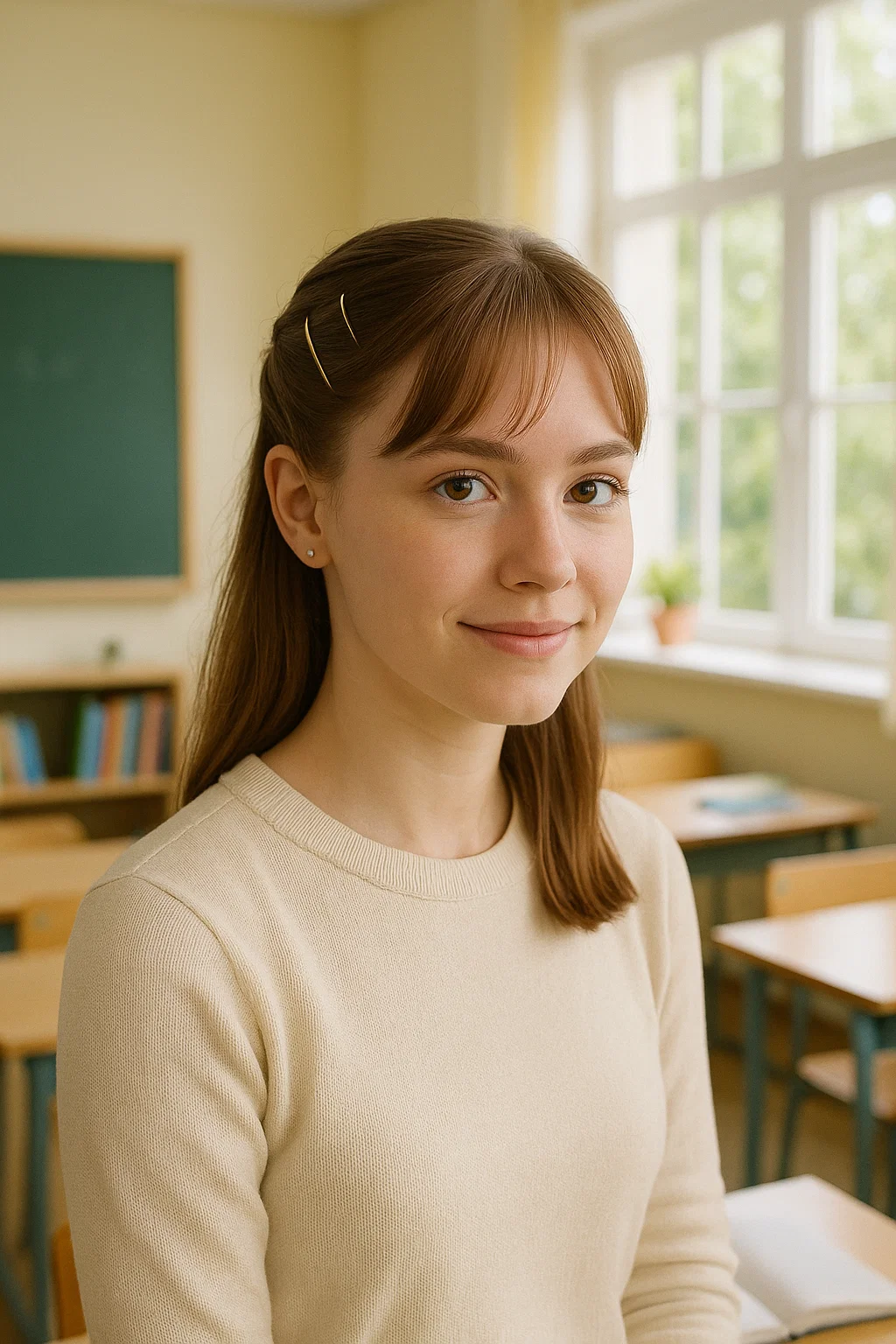 Pinned-back bangs hairstyle, with bangs secured using bobby pins or decorative clips to keep them off the face