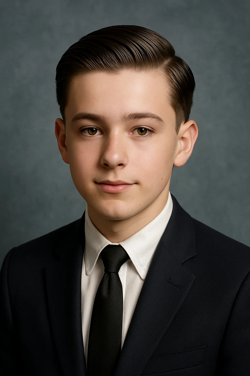 Produce a formal, classy image of a slicked back combover hairstyle for a school picture day look.