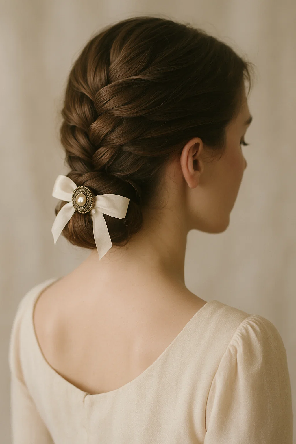 Profile or back view of a French braid wrapped into a low bun