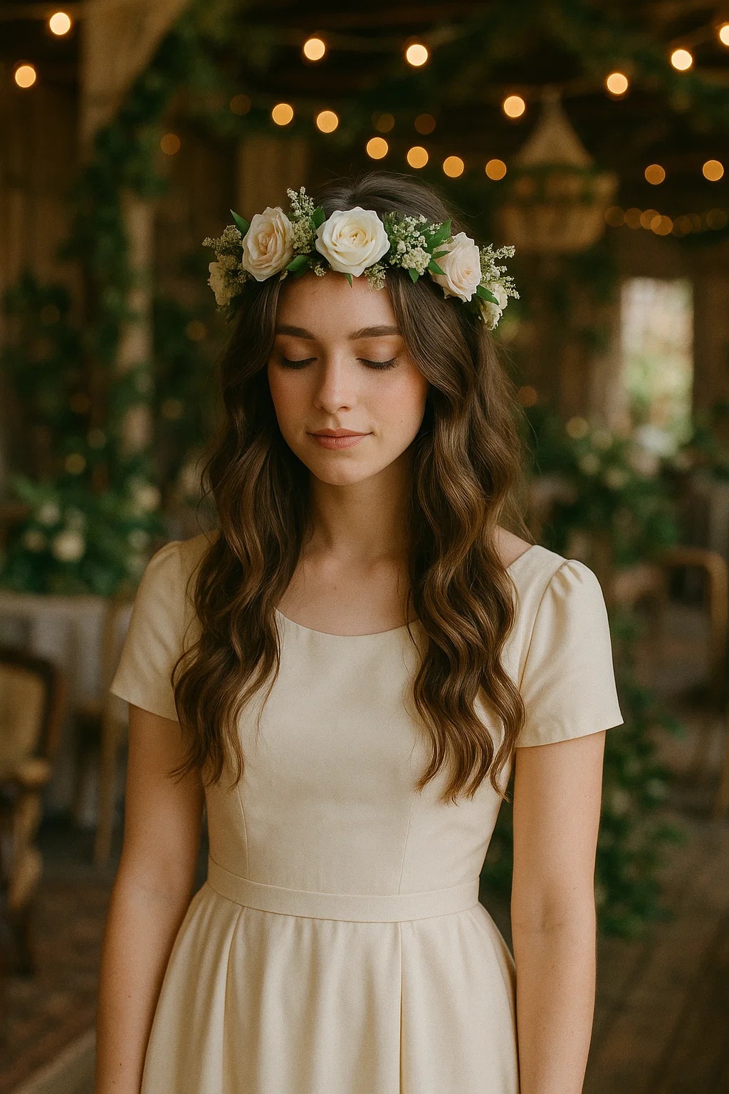 Relaxed loose waves paired with a floral crown for a bohemian-inspired prom look.