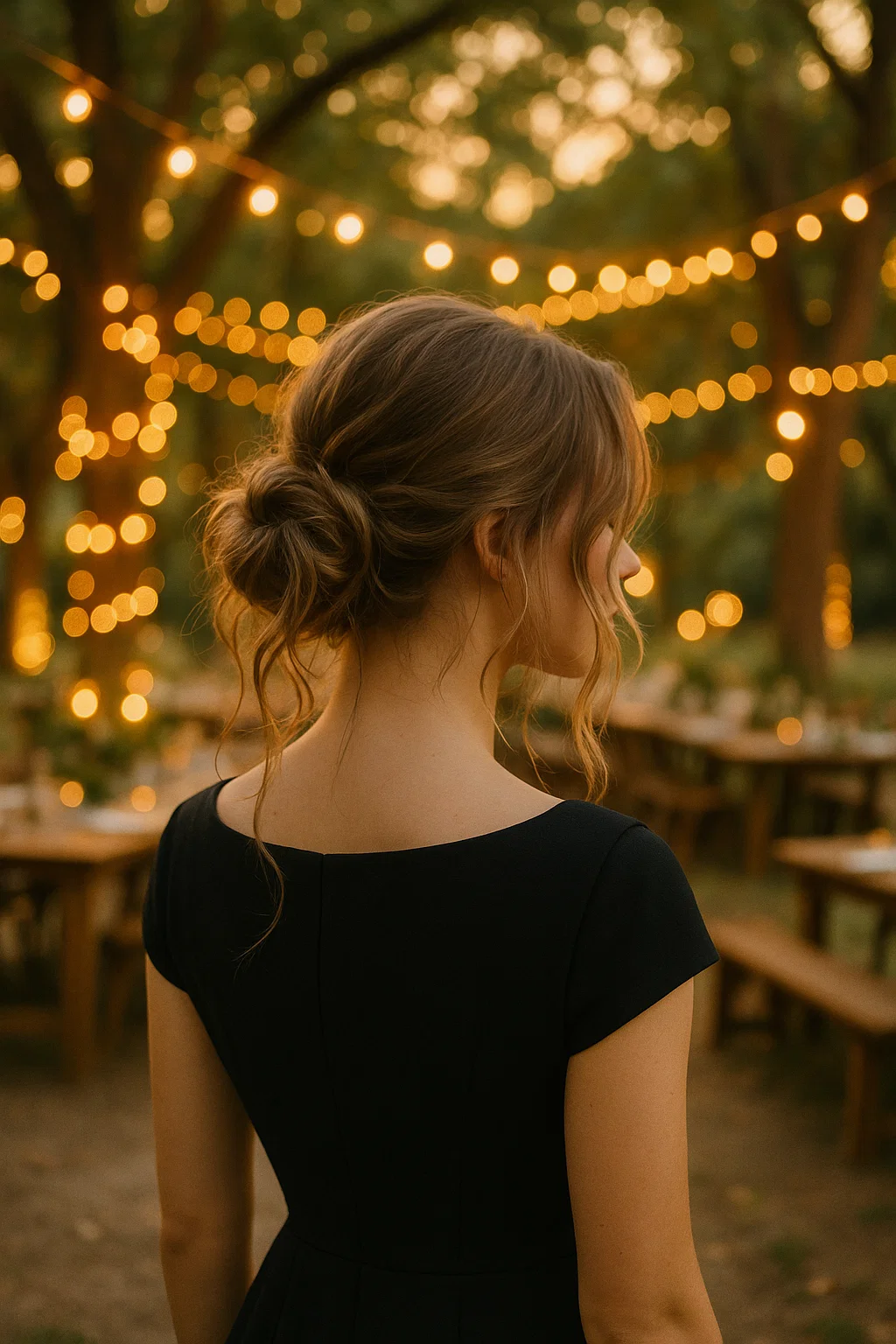 Relaxed messy low bun hairstyle for prom, with a loose, yet chic bun at the nape of the neck, with soft strands falling for a carefree look.