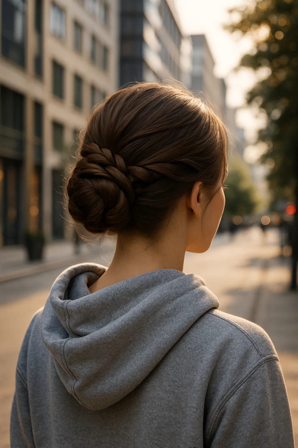 Simple braid twisted into a neat bun at the back