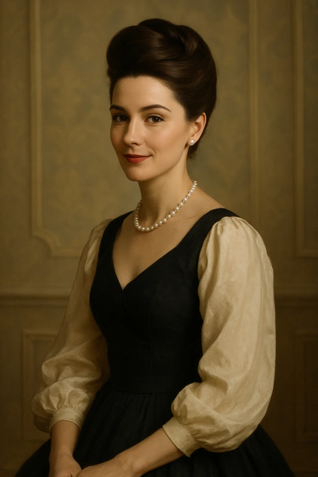 Sophisticated French twist on a brunette woman in a black formal gown