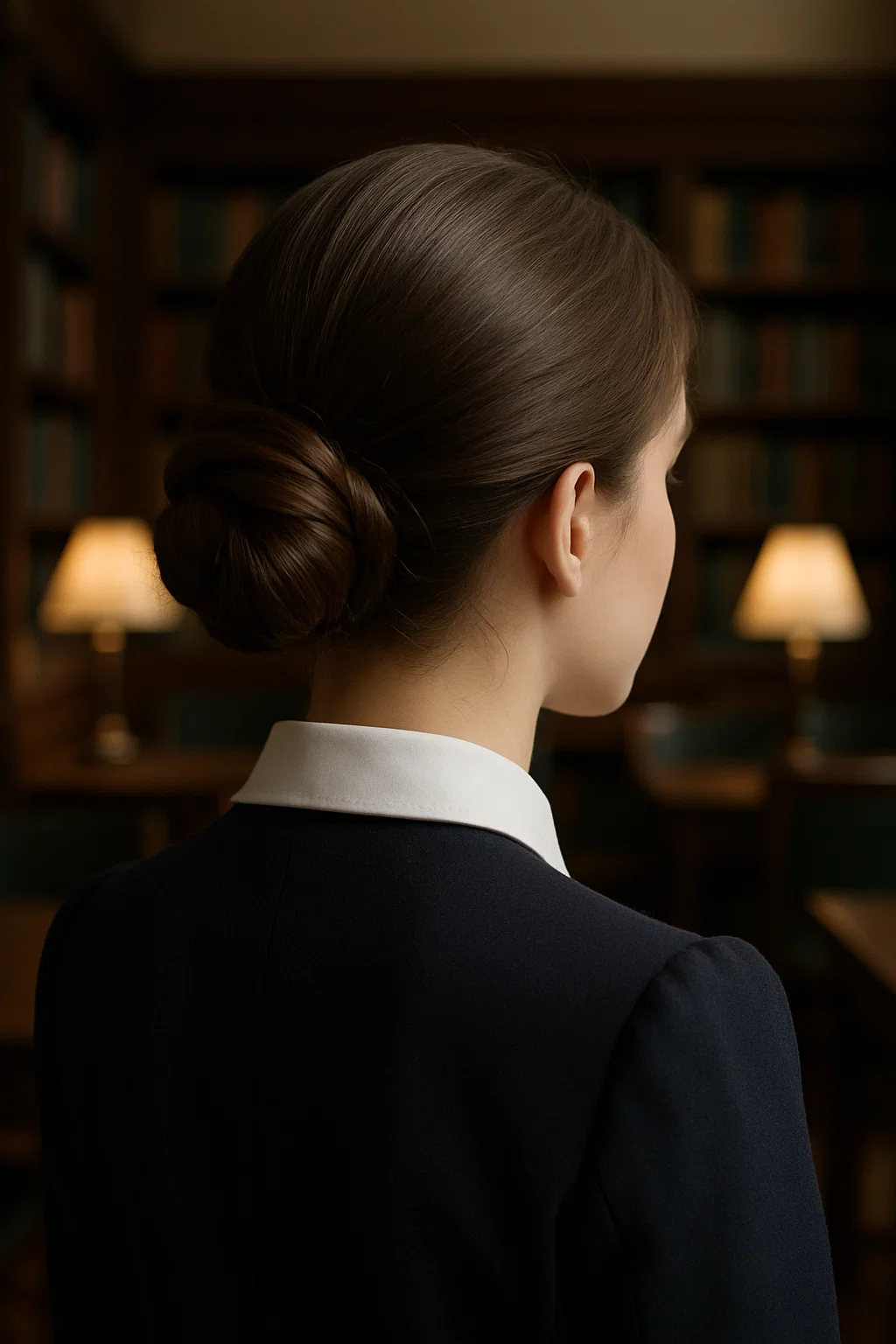 Sophisticated low chignon hairstyle for school, with hair gathered at the nape of the neck and twisted into a neat bun