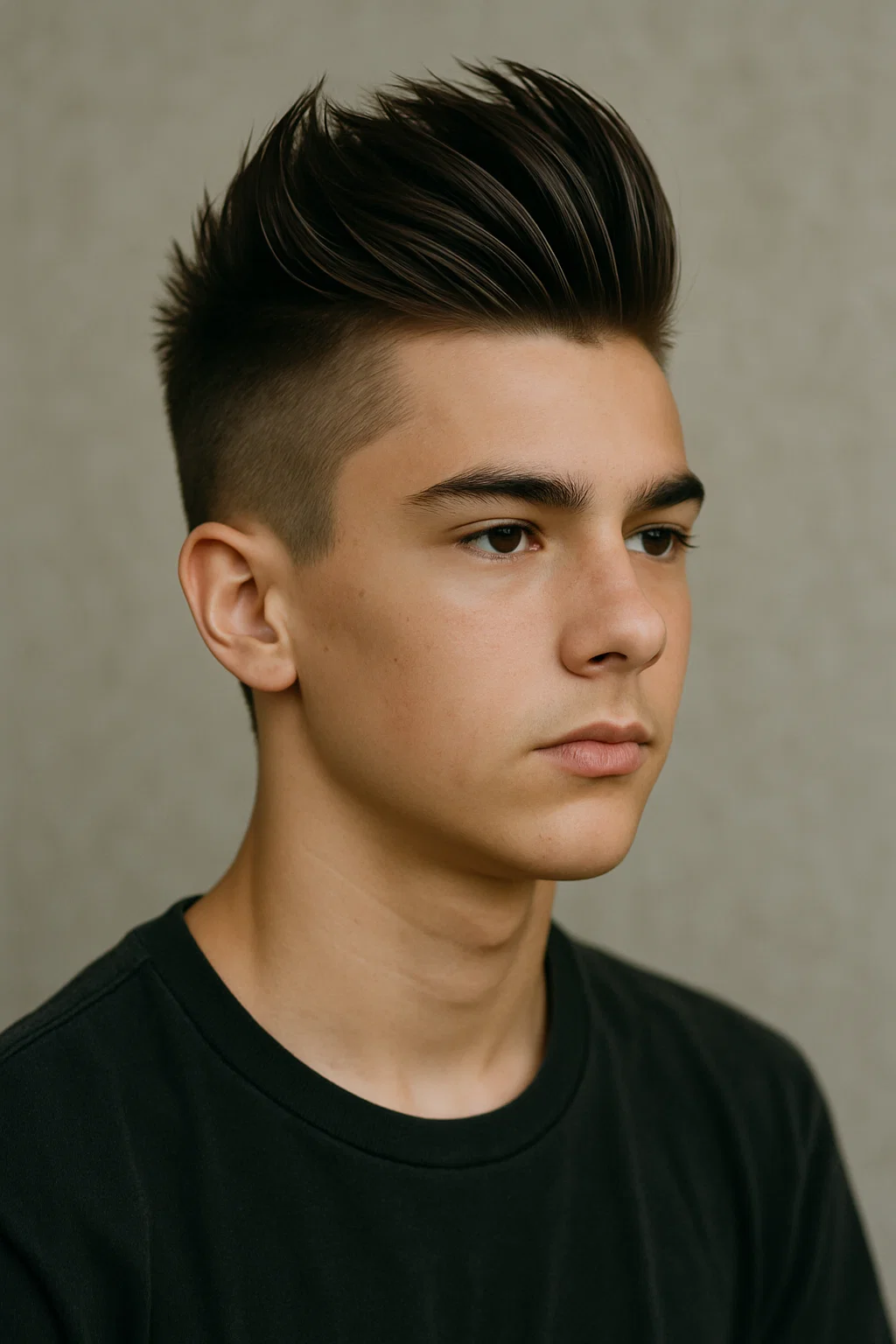 Teen boy with a faux hawk slick back hairstyle