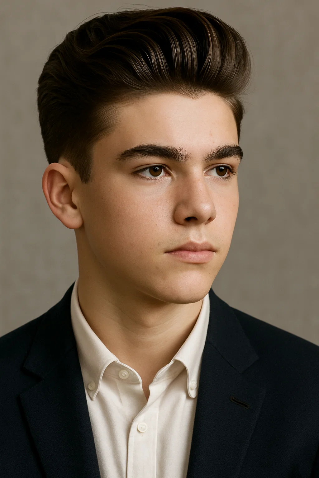Teen boy with a pompadour slick back hairstyle,