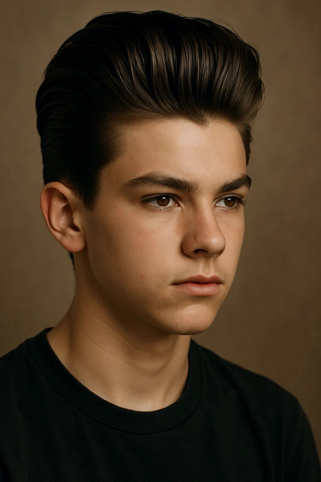 Teen boy with a pompadour slick back hairstyle