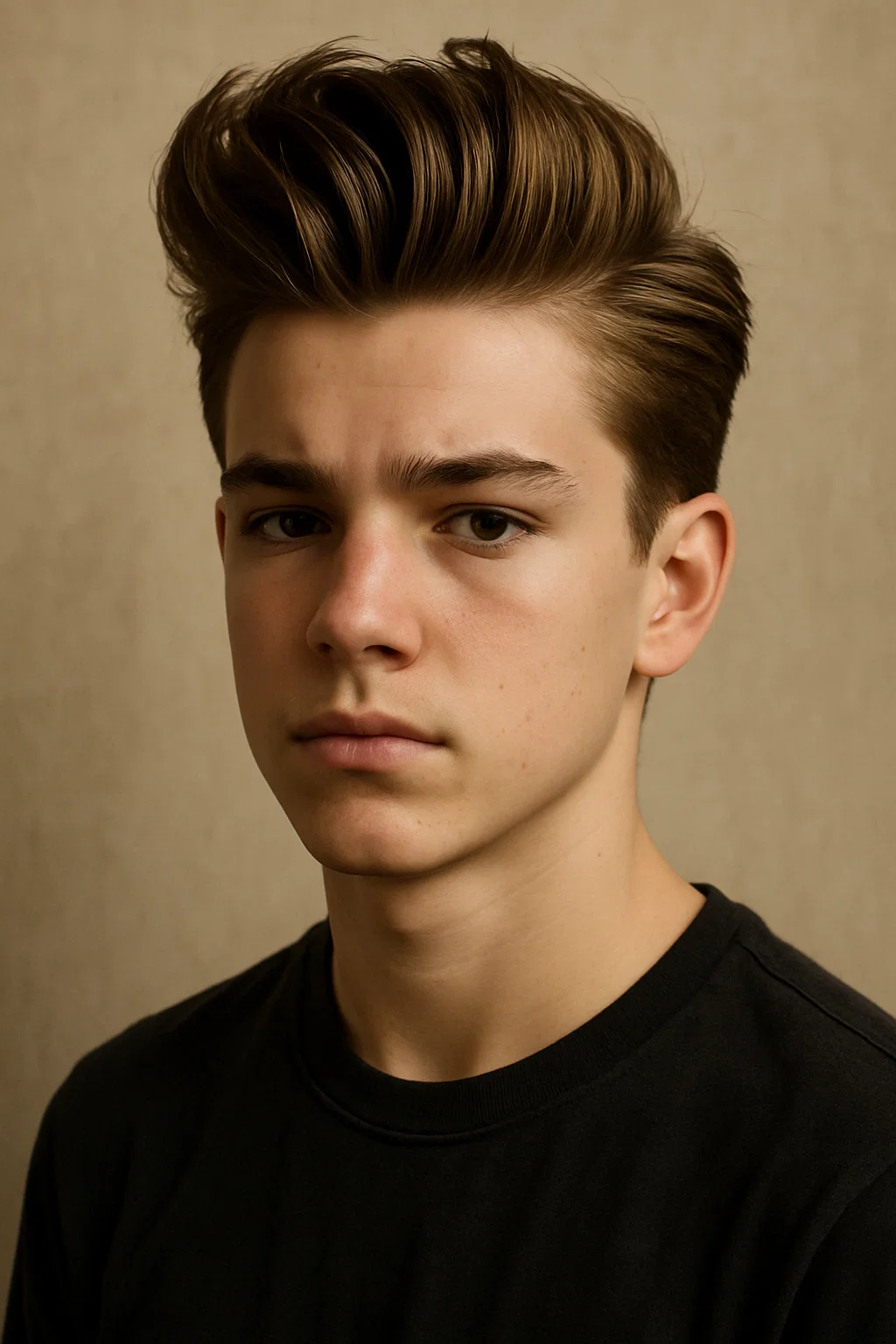 Teen boy with a quiff combined with a slick back hairstyle