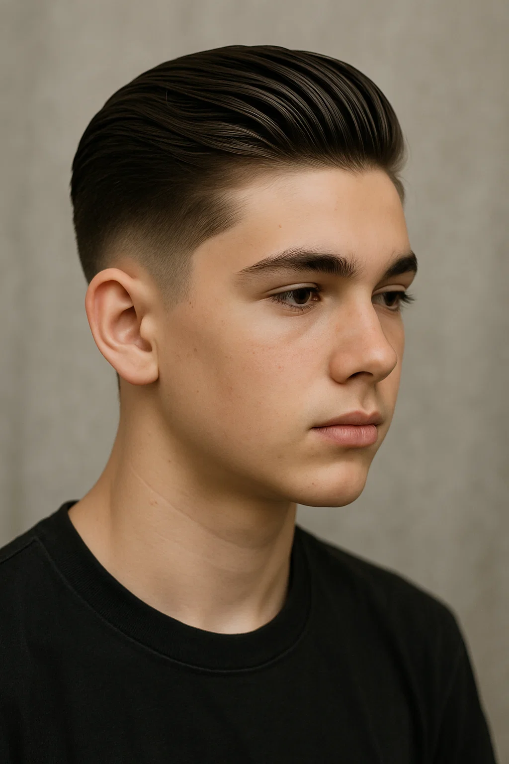 Teen boy with a slick back hairstyle combined with a low fade