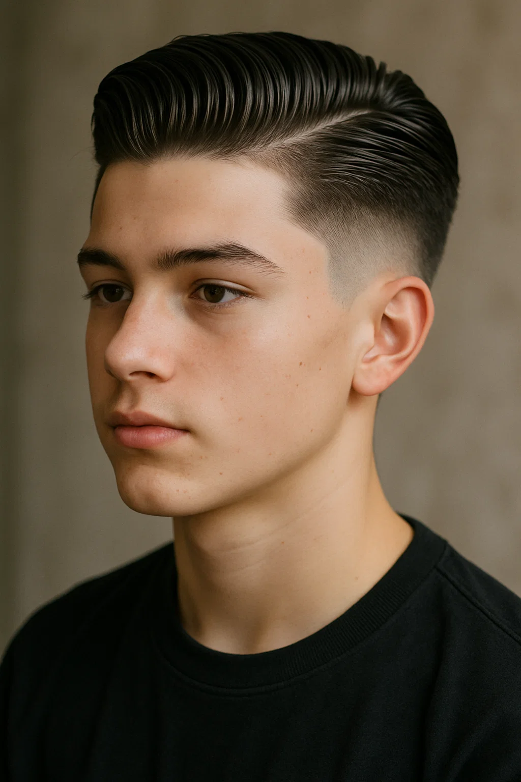 Teen boy with a slick back hairstyle combined with a taper fade