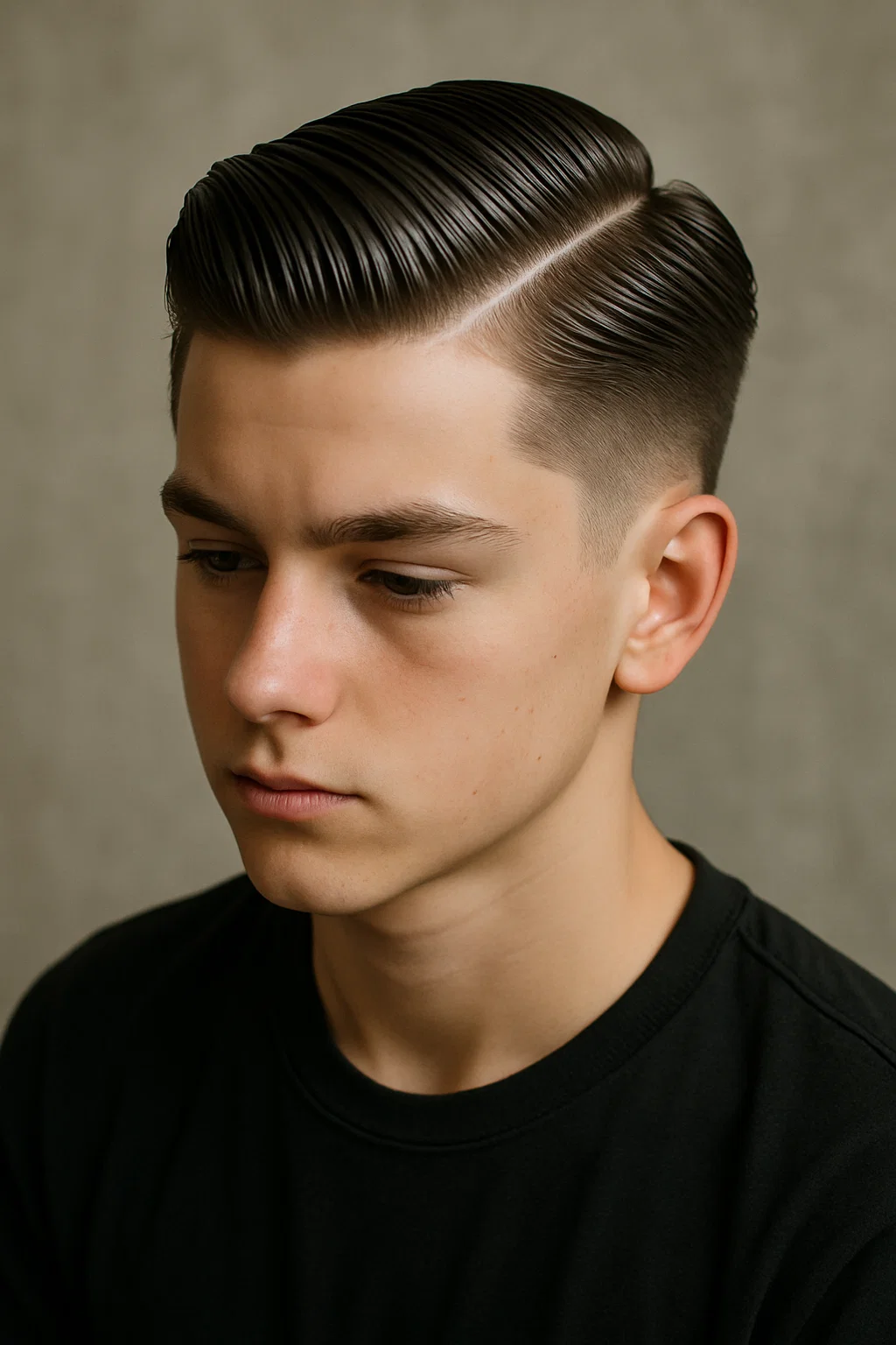 Teen boy with a slick back hairstyle featuring a sharp