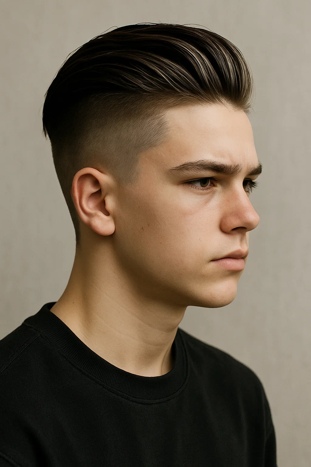 Teen boy with a slicked back hairstyle combined with a full undercut,