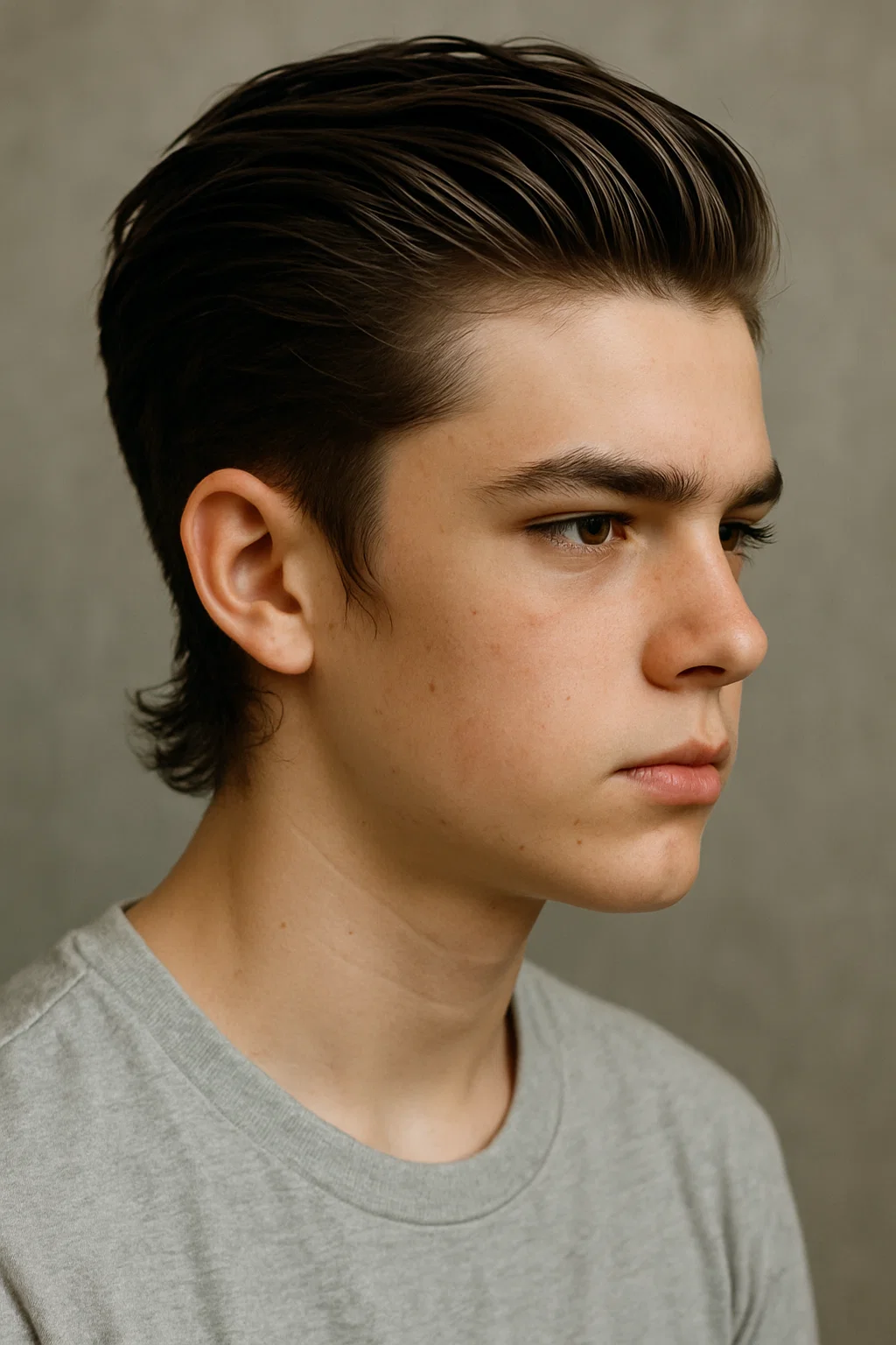 Teen boy with a slicked back hairstyle featuring textured sideburns,