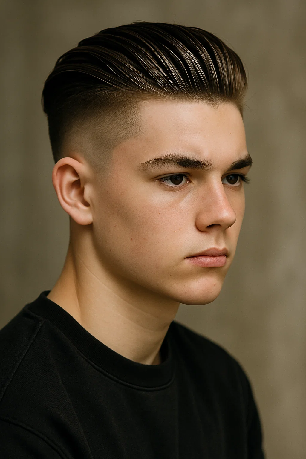 Teen boy with a slicked back hairstyle paired with an undercut,