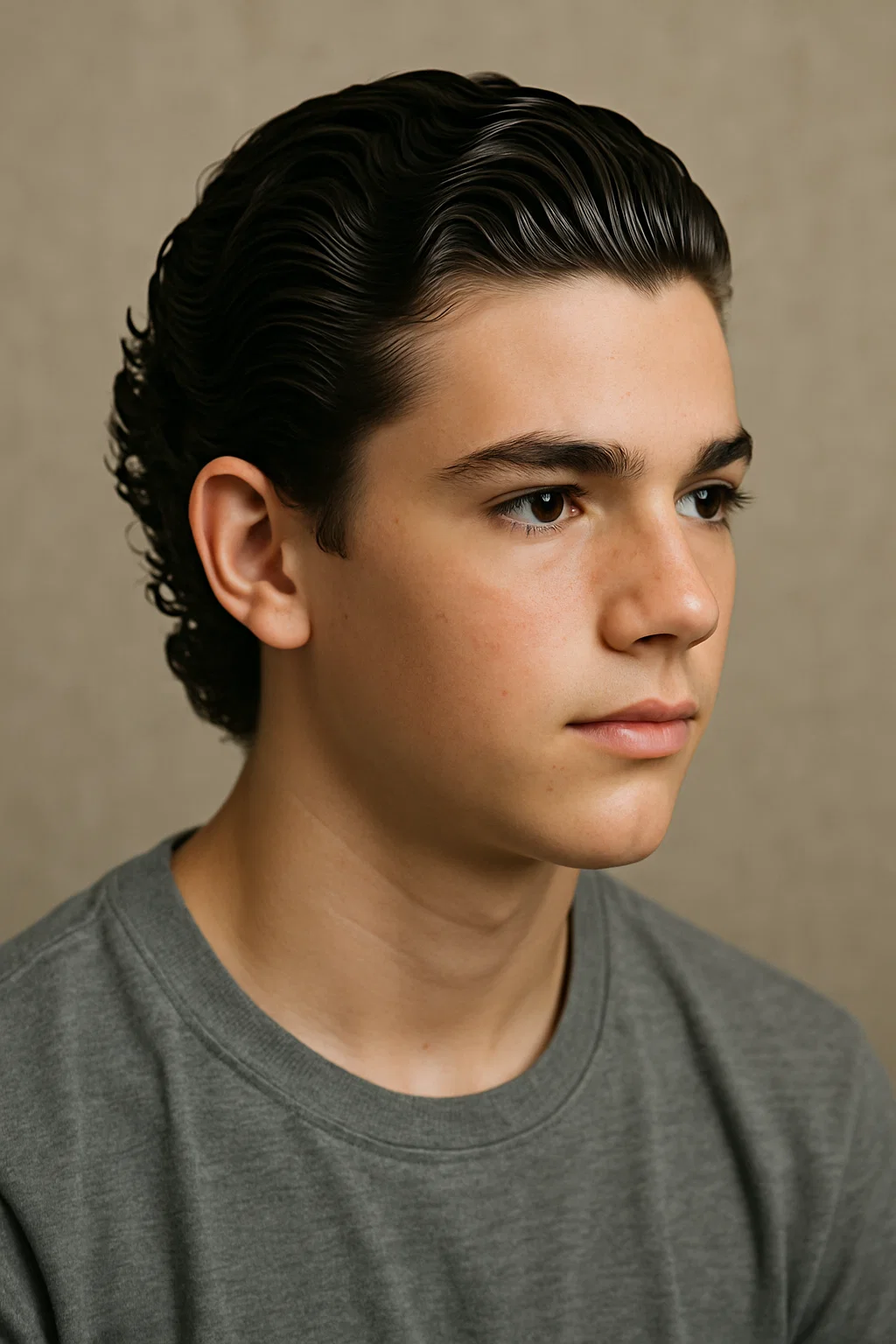 Teen boy with curly hair styled into a slick back hairstyle