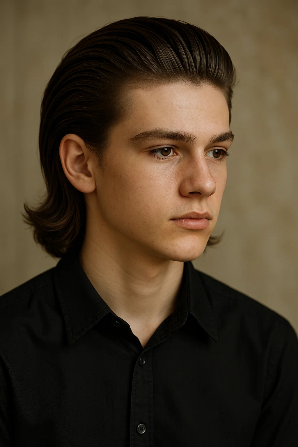 Teen boy with long hair styled into a slick back look