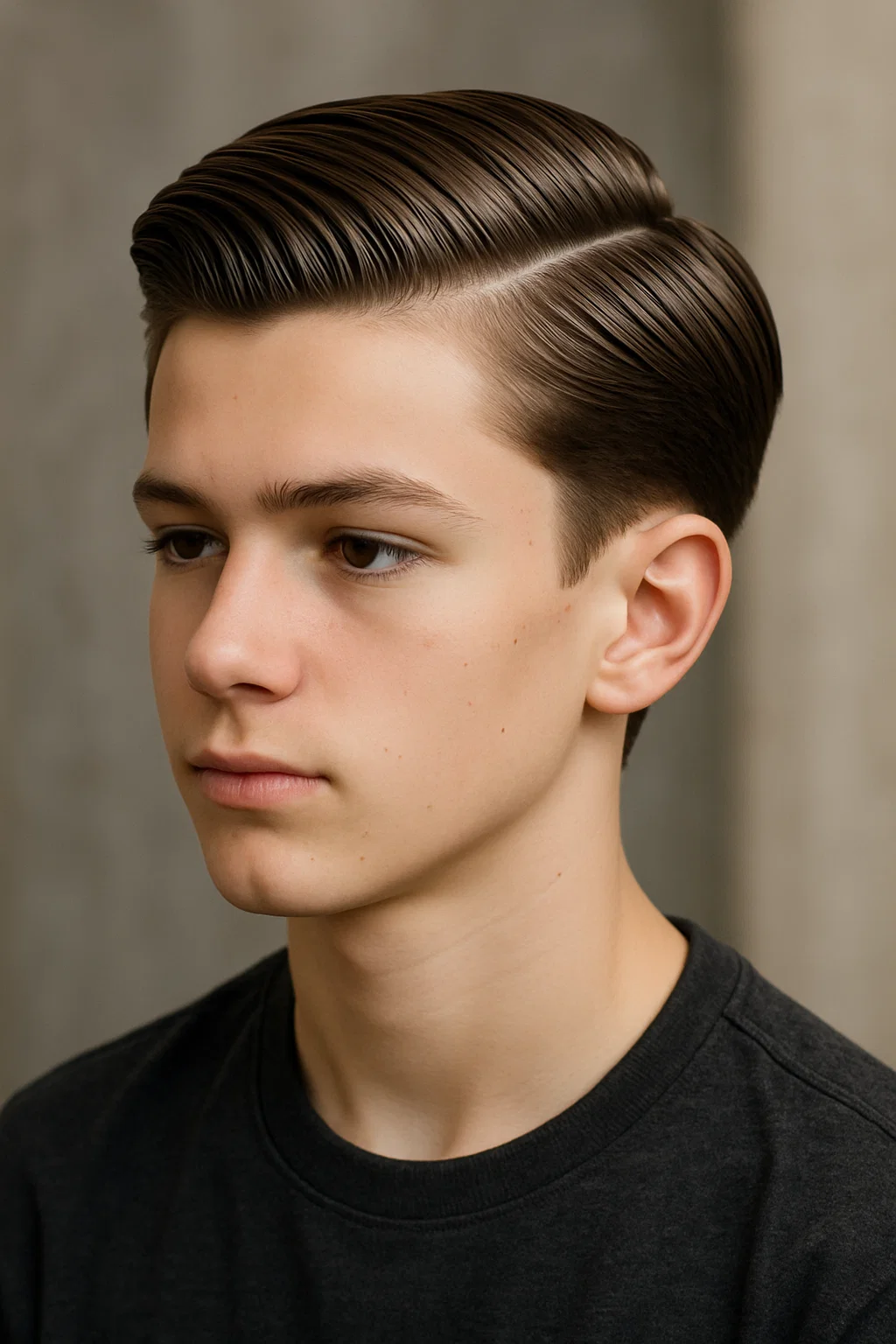 Teen boy with side-parted slick back hairstyle