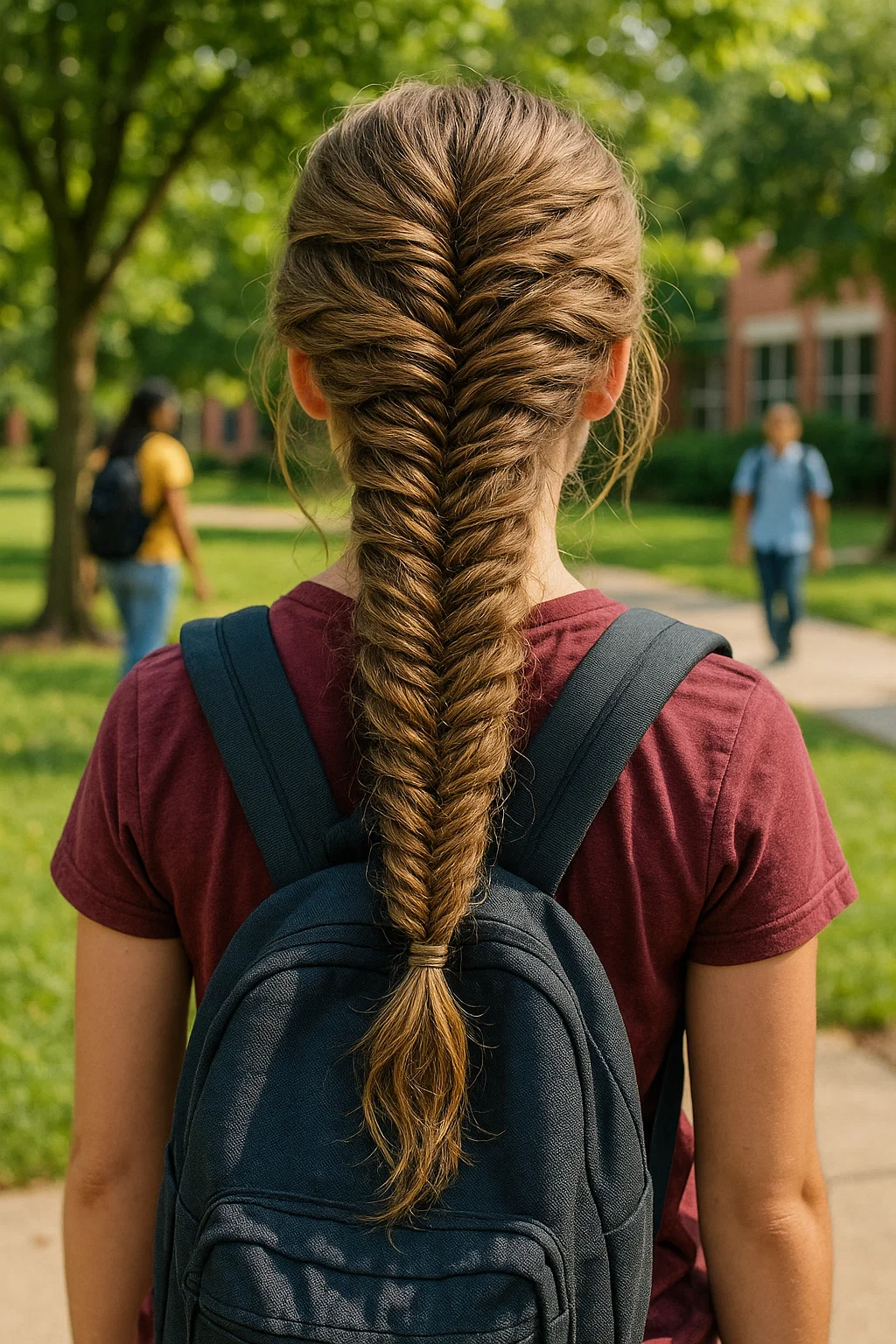 Textured fishtail braid hairstyle for school, showing how hair is braided using the fishtail technique