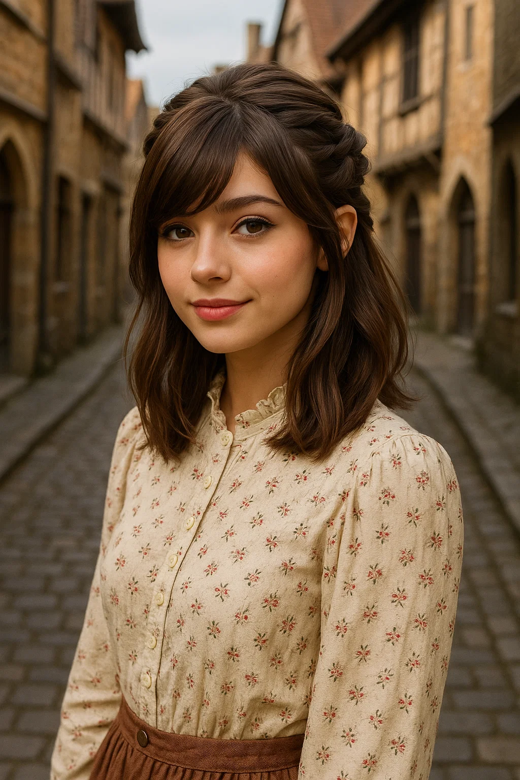 Trendy hairstyle with side bangs and twisted half-up strands