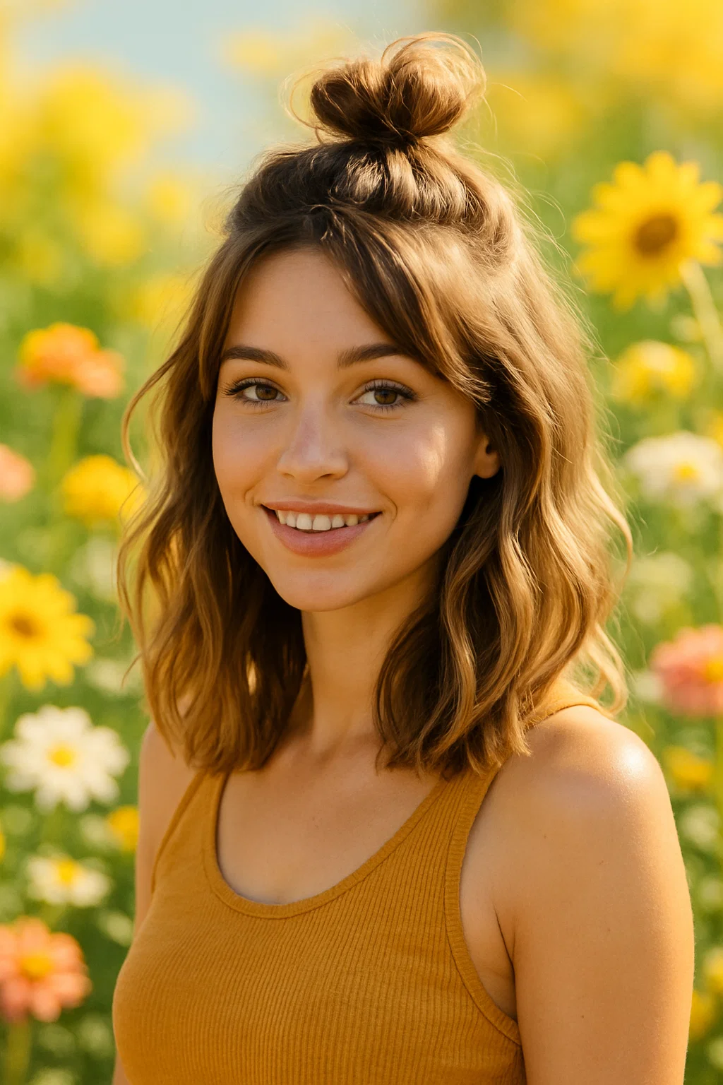 Trendy half-up top knot hairstyle on medium-length hair