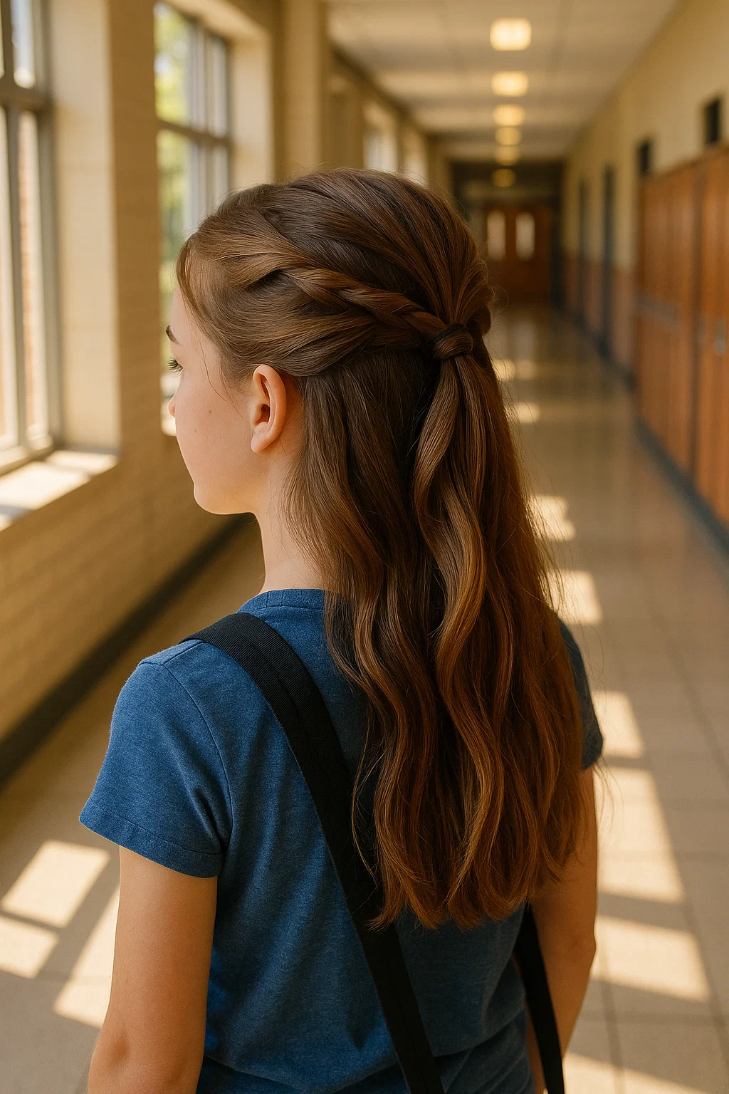 Versatile half-up half-down hairstyle for school, where the top section is secured with a hair elastic or clip while the lower half is left loose