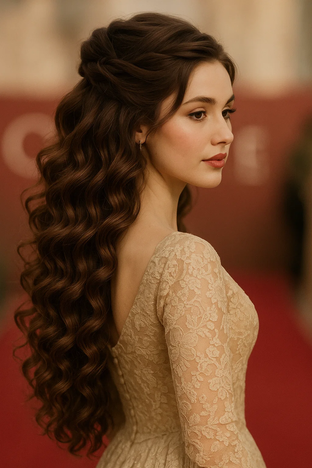 Voluminous curls cascading from a half-up twisted crown