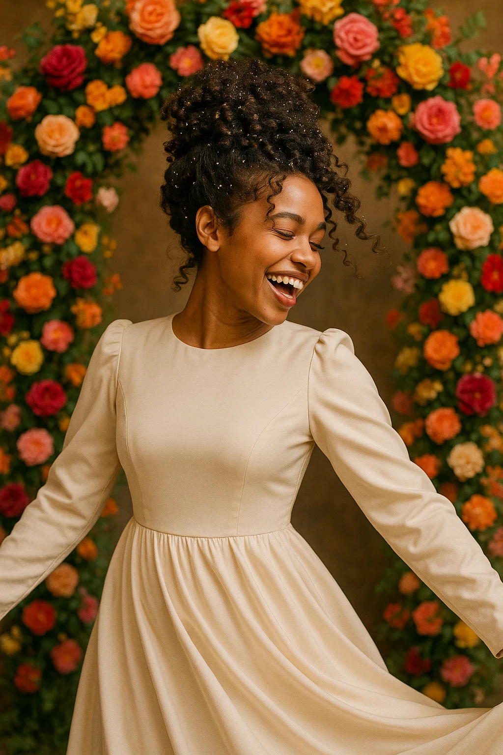 Voluminous curly bridal updo, natural 3C hair texture, gold dust sprinkled in curls, vibrant floral arch background