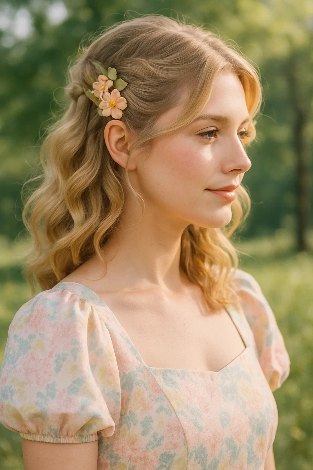 Woman with soft curls, half-up hairstyle with floral clip