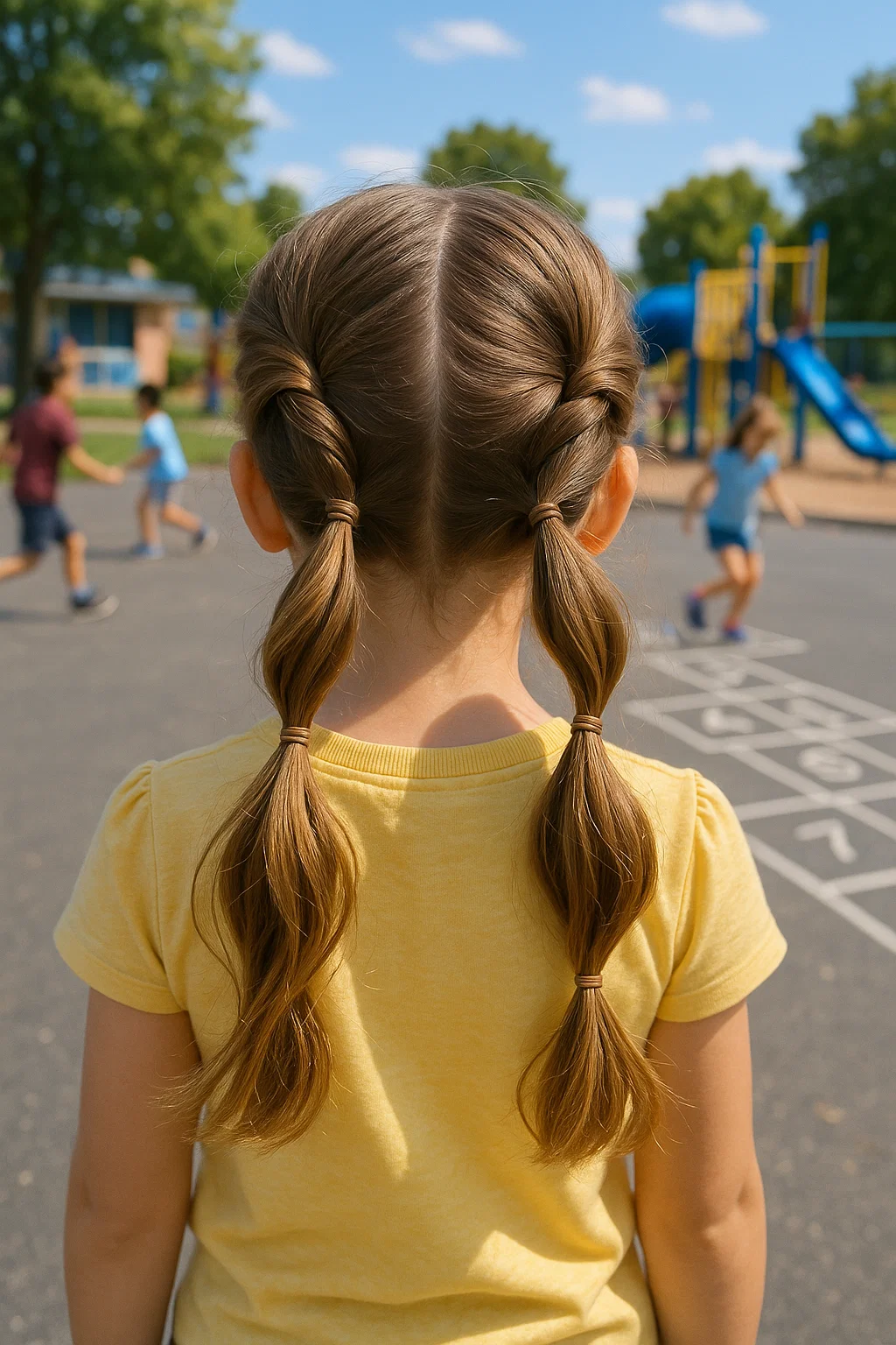 Youthful half-up twisted pigtails hairstyle for school, with hair divided into two sections, twisted, and secured with elastics.