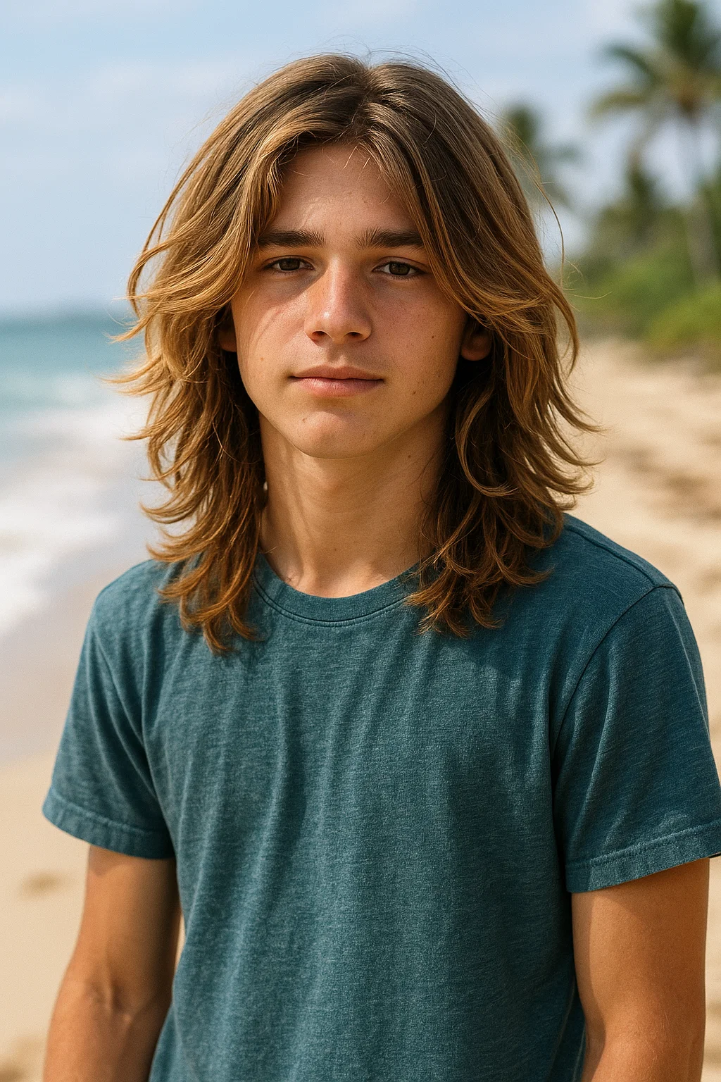 a beachy, laid-back vibe showing long layered hair for boys.