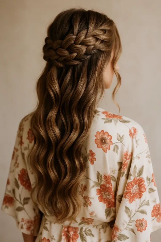 Bohemian-inspired braided half-up hairstyle with romantic, flowing details