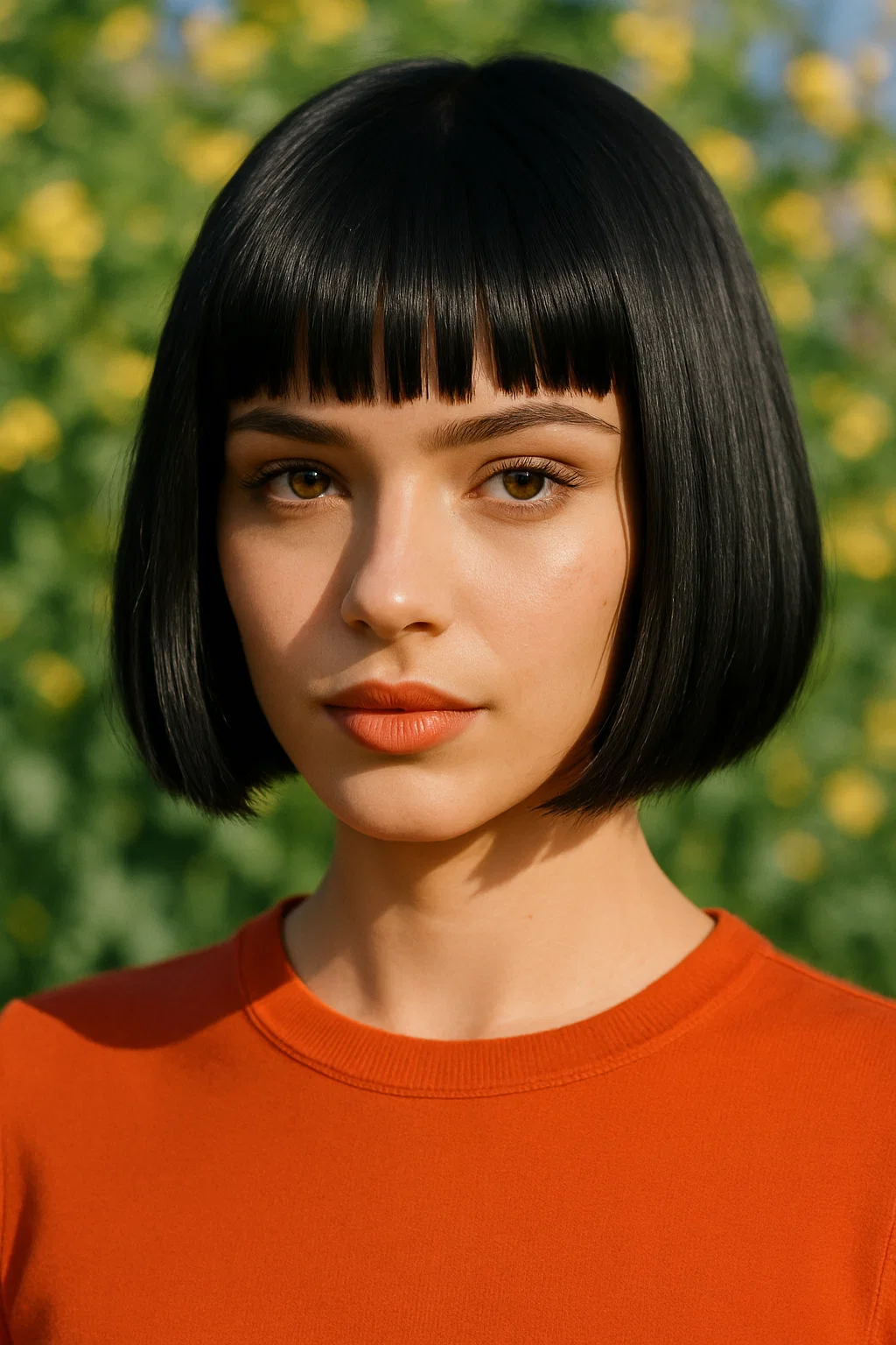 a bold, striking blunt bob with fringed bangs, perfect for a fresh spring makeover.