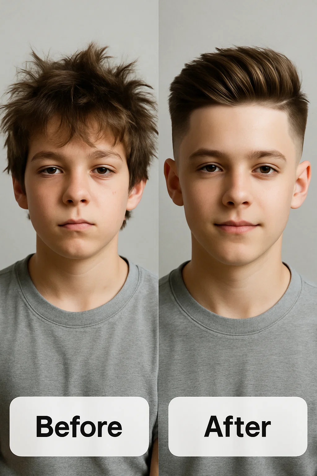 a boy's hair transformation from messy to a stylish, modern hairstyle.
