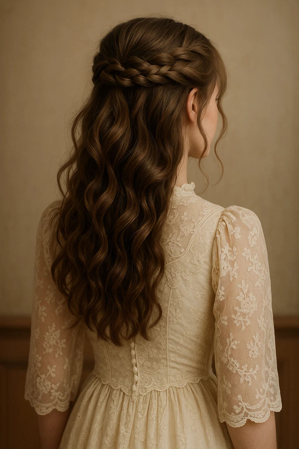 a half-up hairstyle with a braid on the top section of the hair