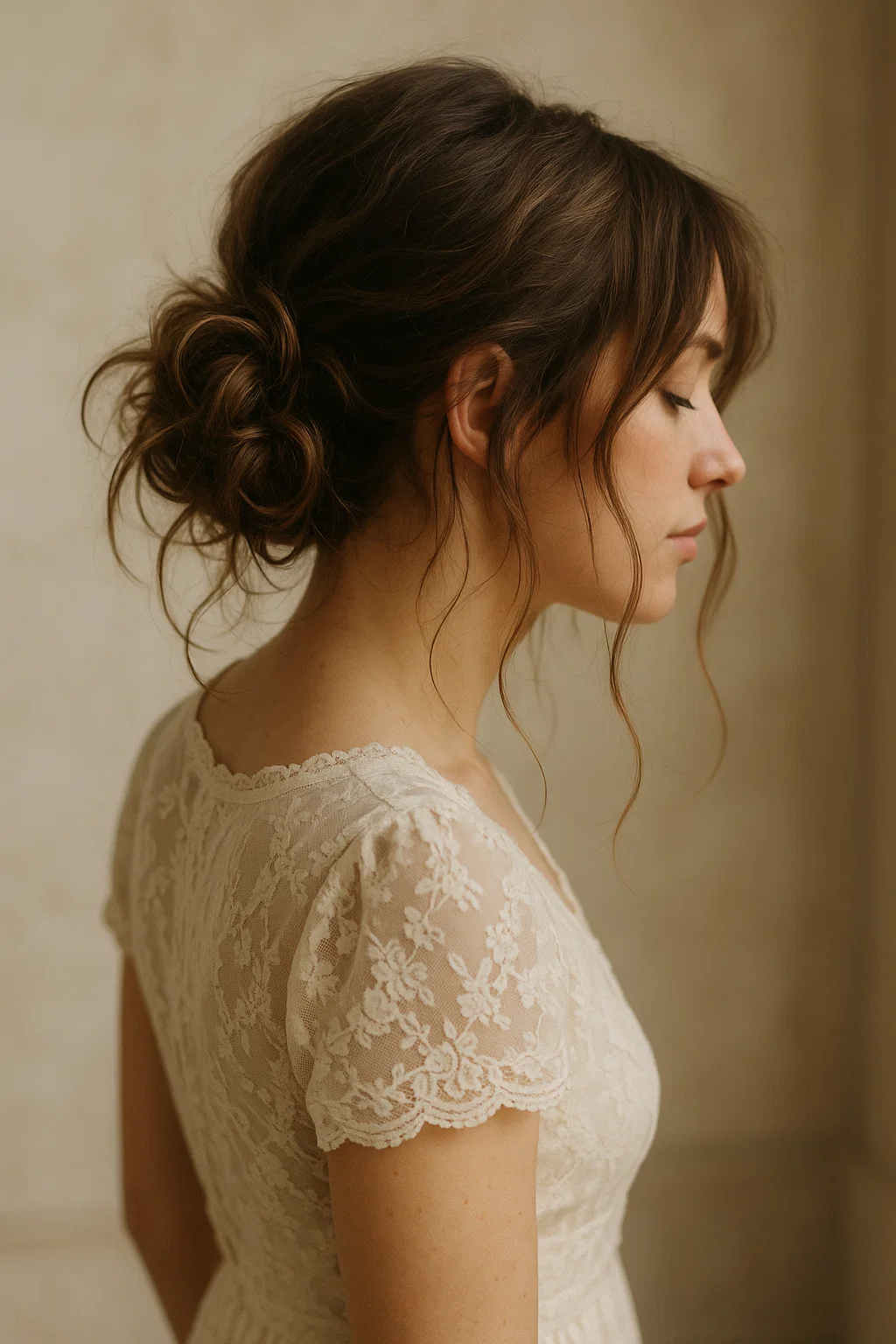 a laid-back, messy updo hairstyle for a casual wedding