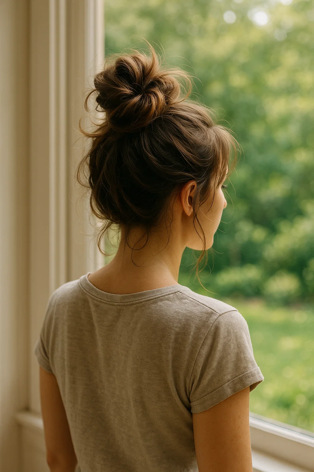 a messy bun hairstyle that's casual yet stylish, perfect for warm days or when you need to keep your hair out of your face