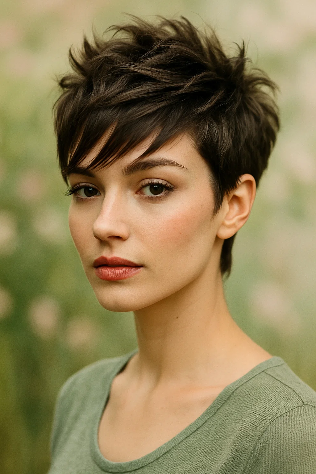 a short textured pixie hairstyle with volume at the top and longer bangs for a feminine, edgy spring look.