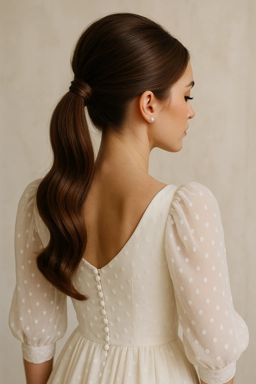 a sleek and modern ponytail hairstyle for a wedding.