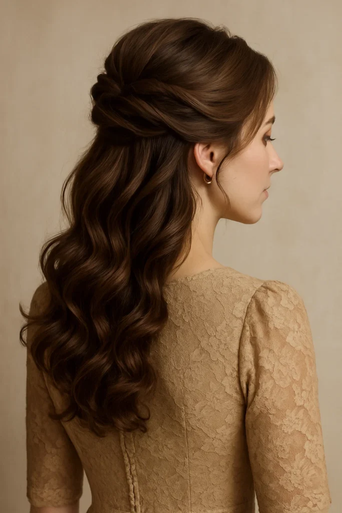 Sophisticated half-up hairstyle with top section elegantly styled