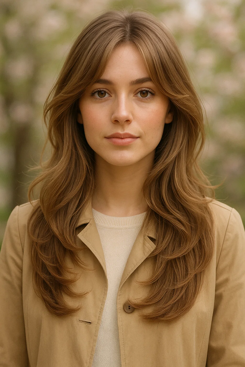 a timeless long layered hairstyle with soft waves for volume and movement, perfect for spring.