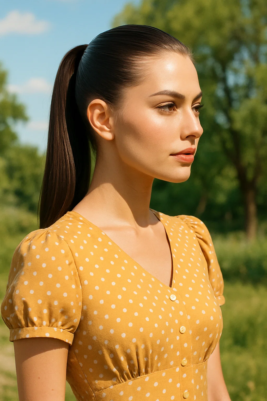 a woman with a sleek, shiny high ponytail hairstyle
