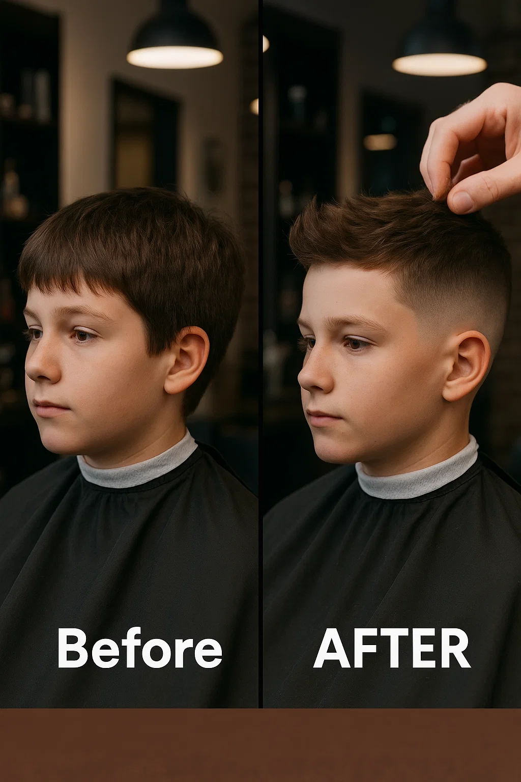a young boy getting a classic fade haircut at a modern barbershop