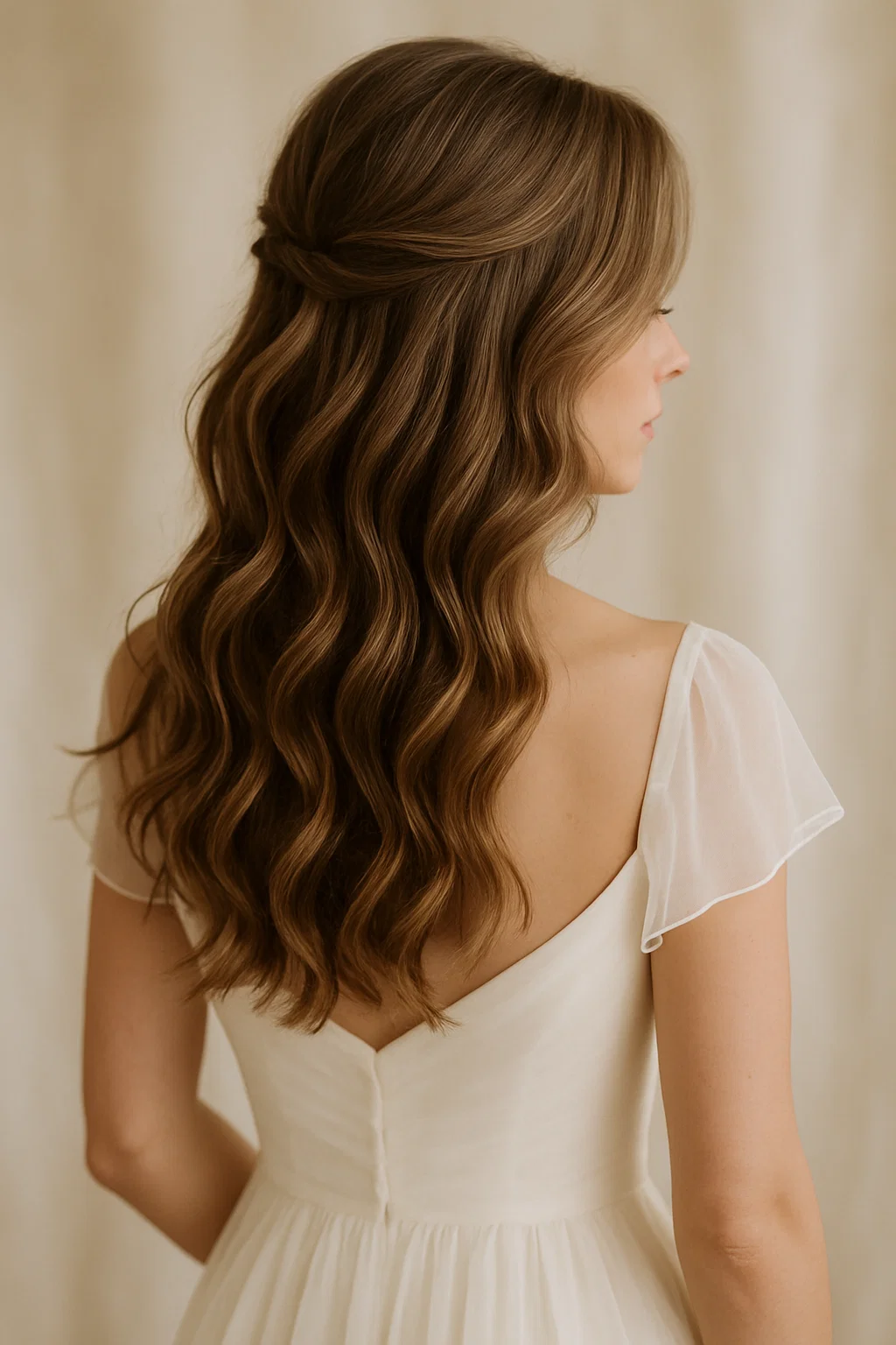 an elegant and romantic bridesmaid hairstyle with loose, flowing waves.