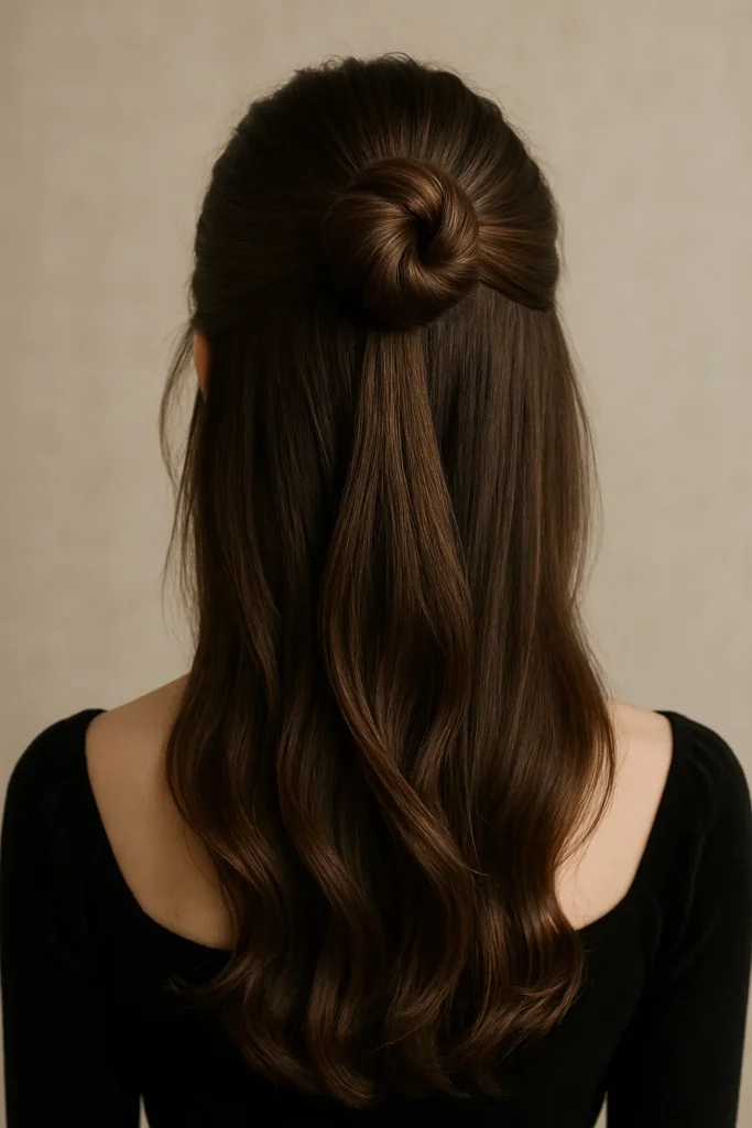 Sophisticated classic half-up bun hairstyle with refined, polished elegance