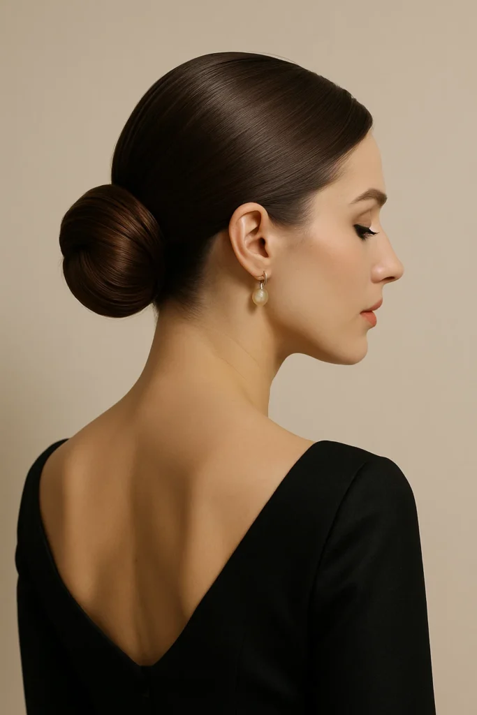 Woman with a sleek low bun styled for formal holiday dinners and chic events